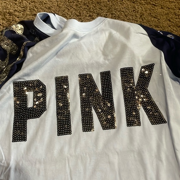 Ladies “PINK” long sleeve sequin accent top. Light blue w/navy sleeves Sz Small - Picture 5 of 11